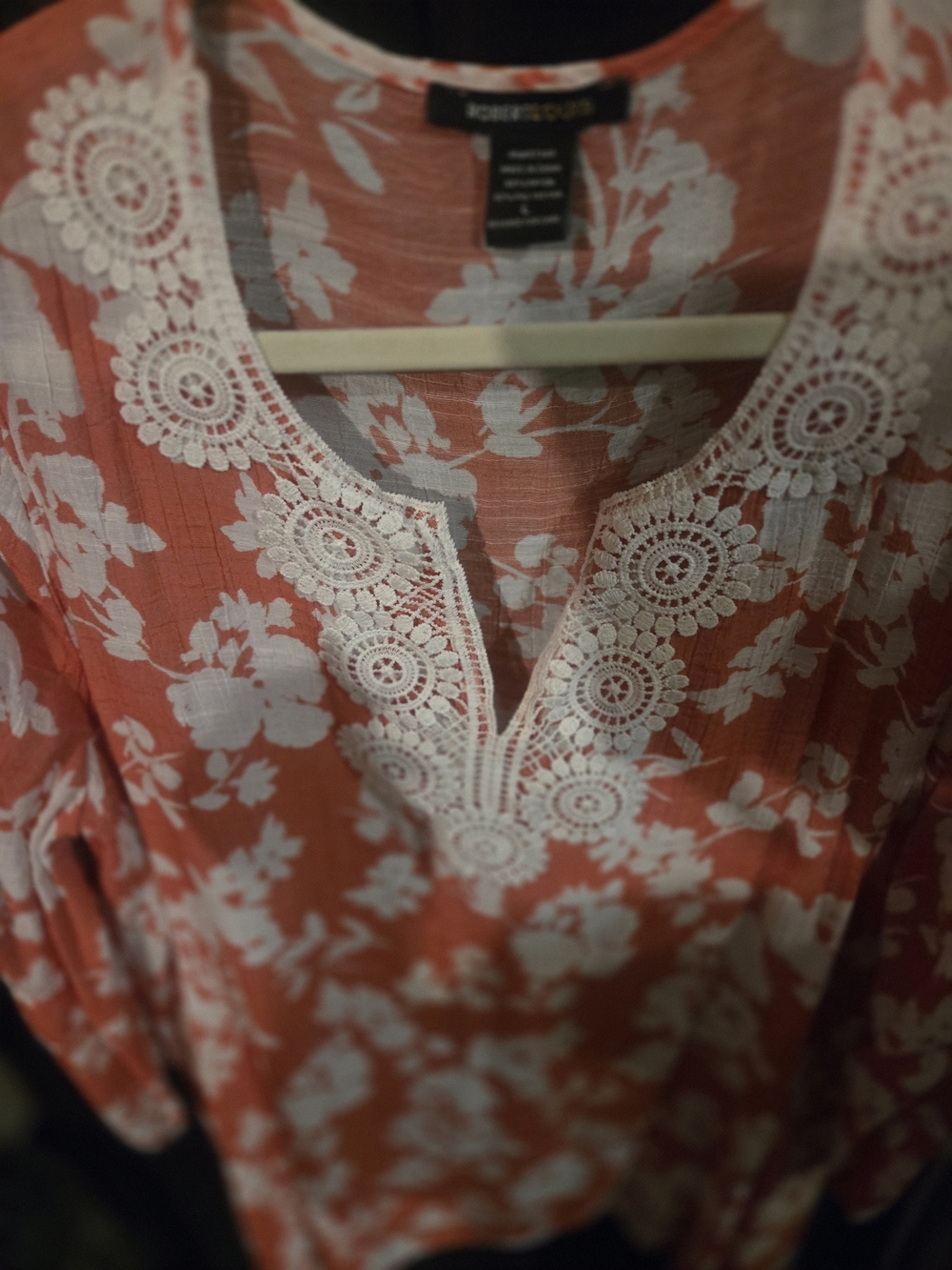 Coldwater Creek Coral Floral Tunic with Crochet Lace V-Neck